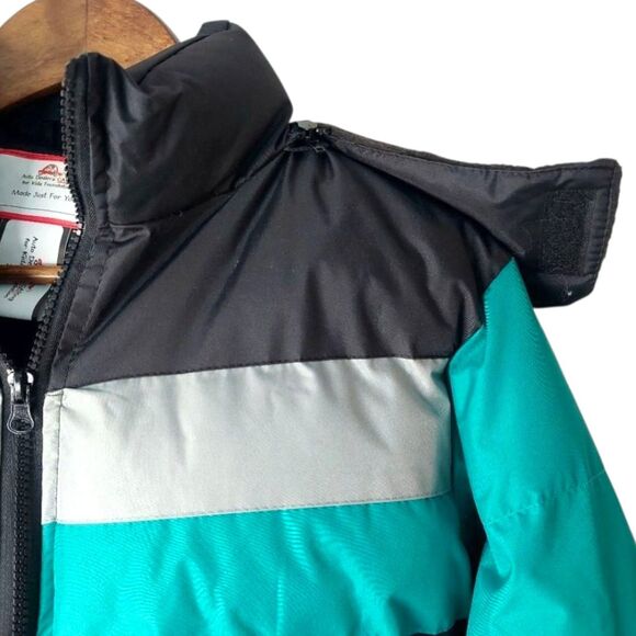 Color Block Striped Teal Black Gray Hooded Puffer Coat Winter Bubble Jacket Sz S - Picture 4 of 11